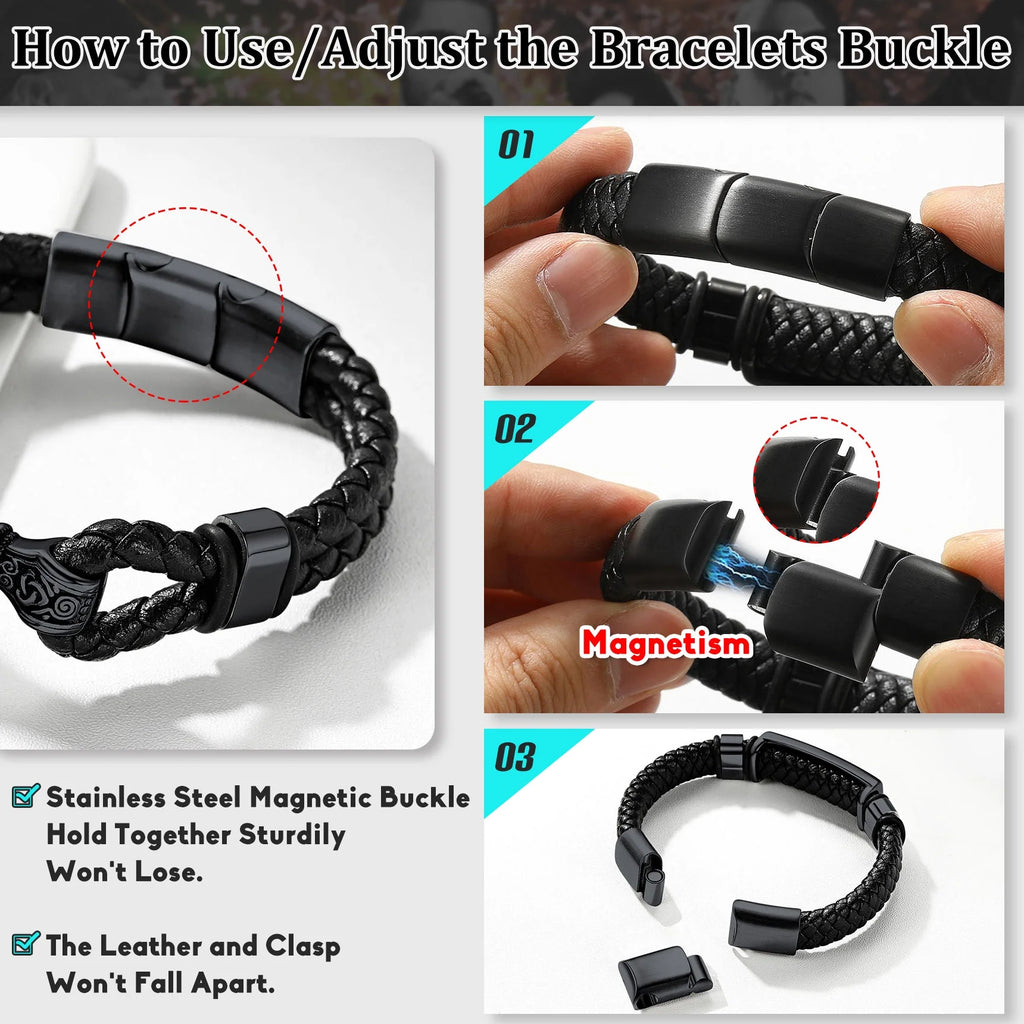 Black Thor'S Hammer Bracelet for Men, Leather Stainless Steel Wristband Viking Amulet Charm Jewelry Gifts for Son Boyfriend Dad Husband