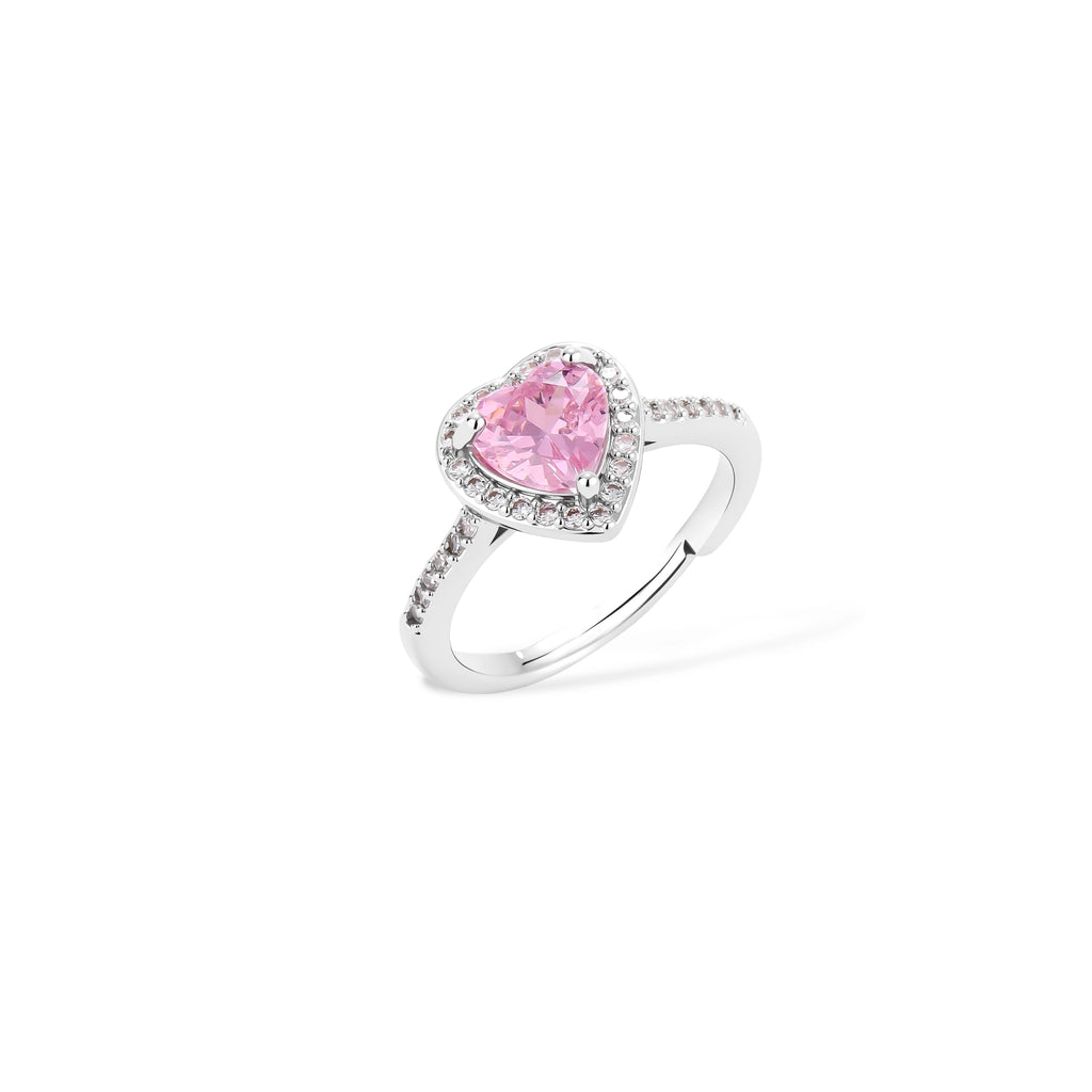 Pink heart-shaped cubic zirconia jewelry set with white gold plating featuring necklace, earrings, bracelet and ring