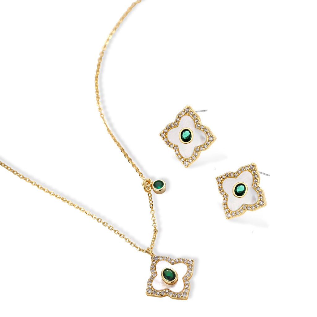 Gold-plated jewelry set with diamond-shaped pendants featuring white centers, green stones, and sparkling zirconia borders