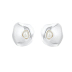 Organic-shaped eco-zinc alloy stud earrings with resin pearl centers and sterling silver posts on white background.