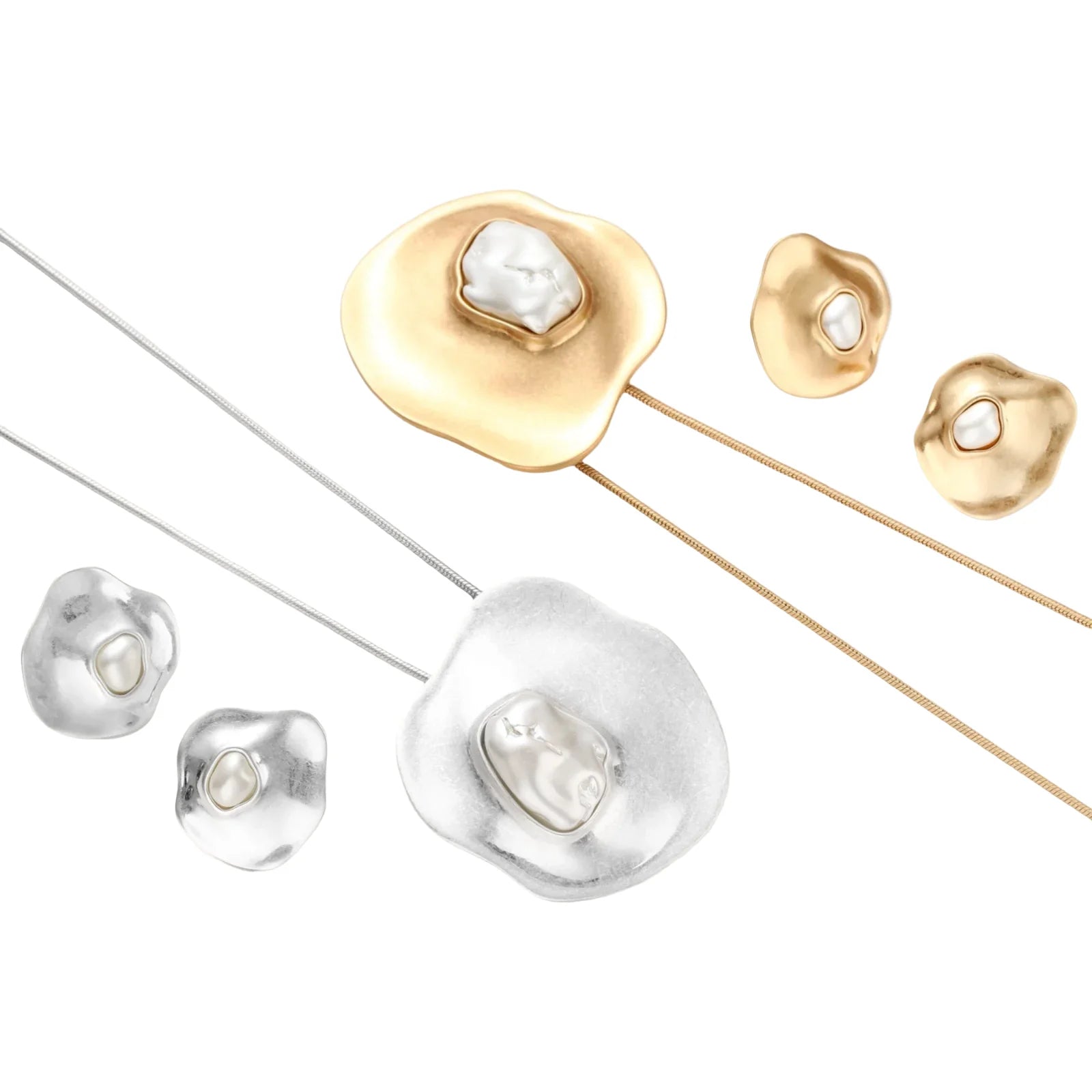 Organic-shaped eco-zinc alloy stud earrings with resin pearl centers and sterling silver posts on white background.