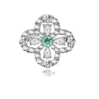 Sterling silver adjustable ring featuring four-leaf clover design with green center moissanite and clear accent stones