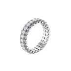 Sterling silver eternity ring with continuous row of brilliant moissanite stones in scalloped crown setting with milgrain detail