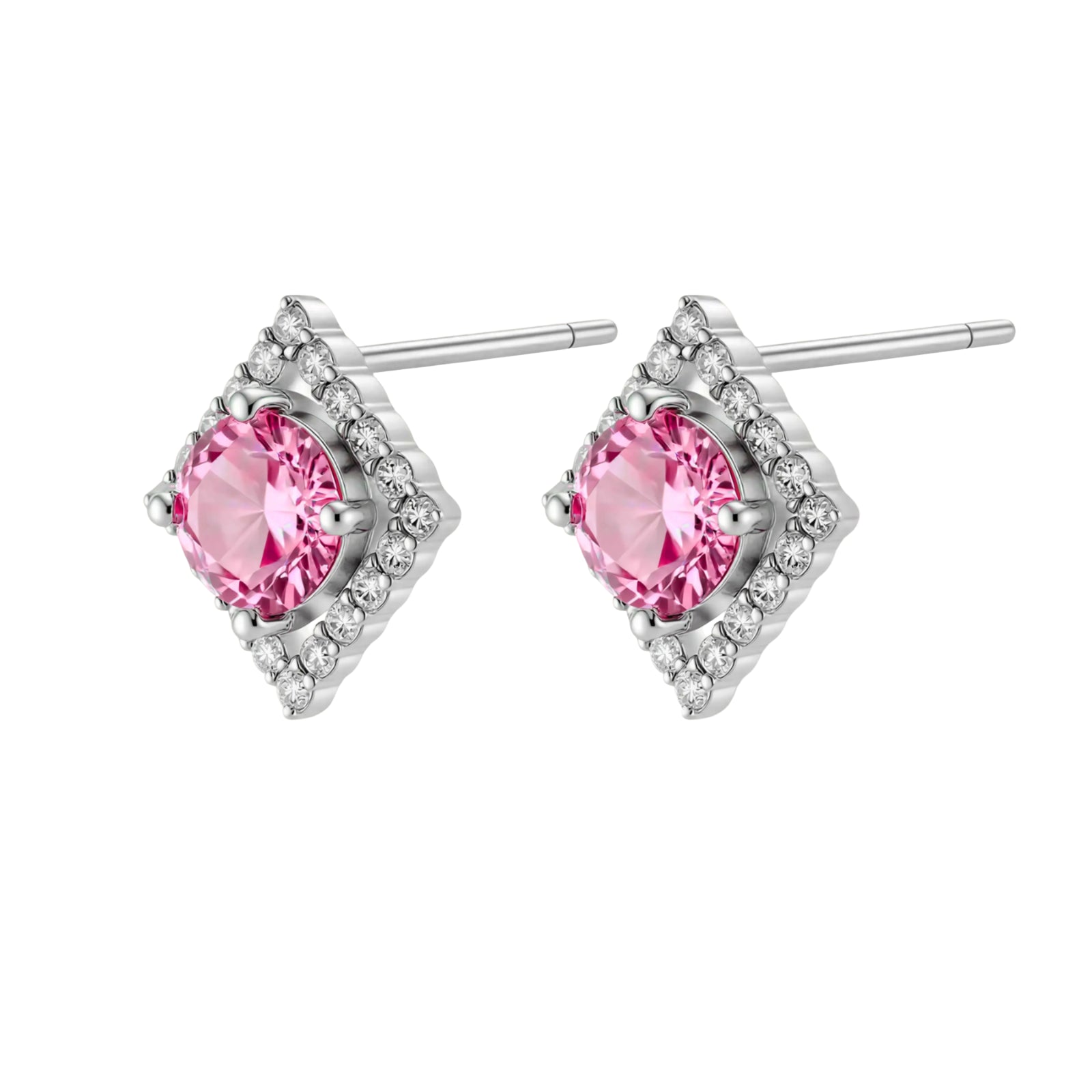 Sterling silver diamond-shaped stud earrings with pink moissanite center stones and crystal halo setting on white background