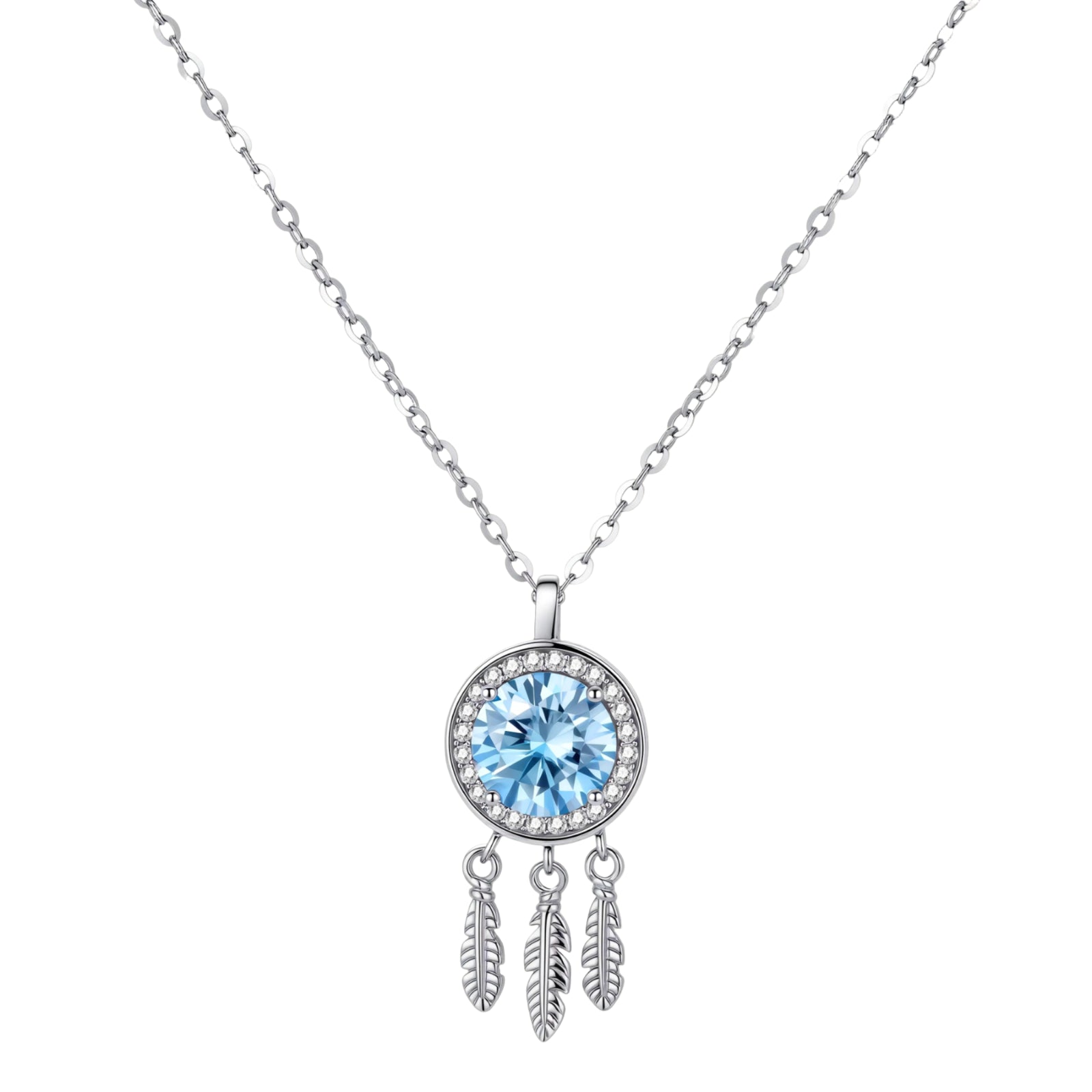 Sterling silver dreamcatcher pendant with blue moissanite center and three feather charms on adjustable chain.