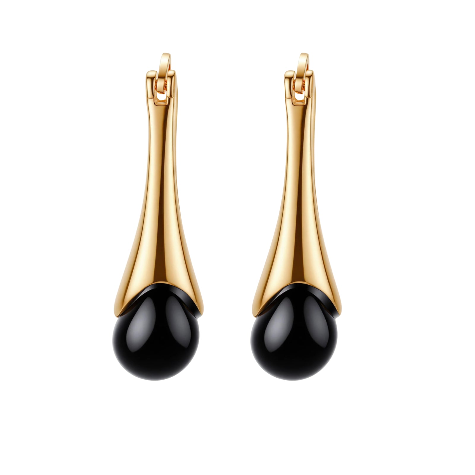 Gold-plated drop earrings featuring black agate stones with hoop closure on white background, showing elegant teardrop design.