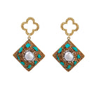 Gold-plated drop earrings with quatrefoil studs, diamond-shaped pendants featuring baroque pearls, turquoise stones, and amber crystals