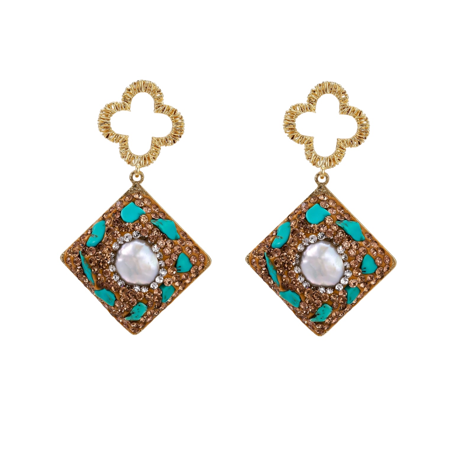 Gold-plated drop earrings with quatrefoil studs, diamond-shaped pendants featuring baroque pearls, turquoise stones, and amber crystals