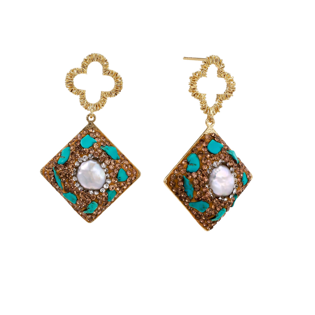 Gold-plated drop earrings with quatrefoil studs, diamond-shaped pendants featuring baroque pearls, turquoise stones, and amber crystals