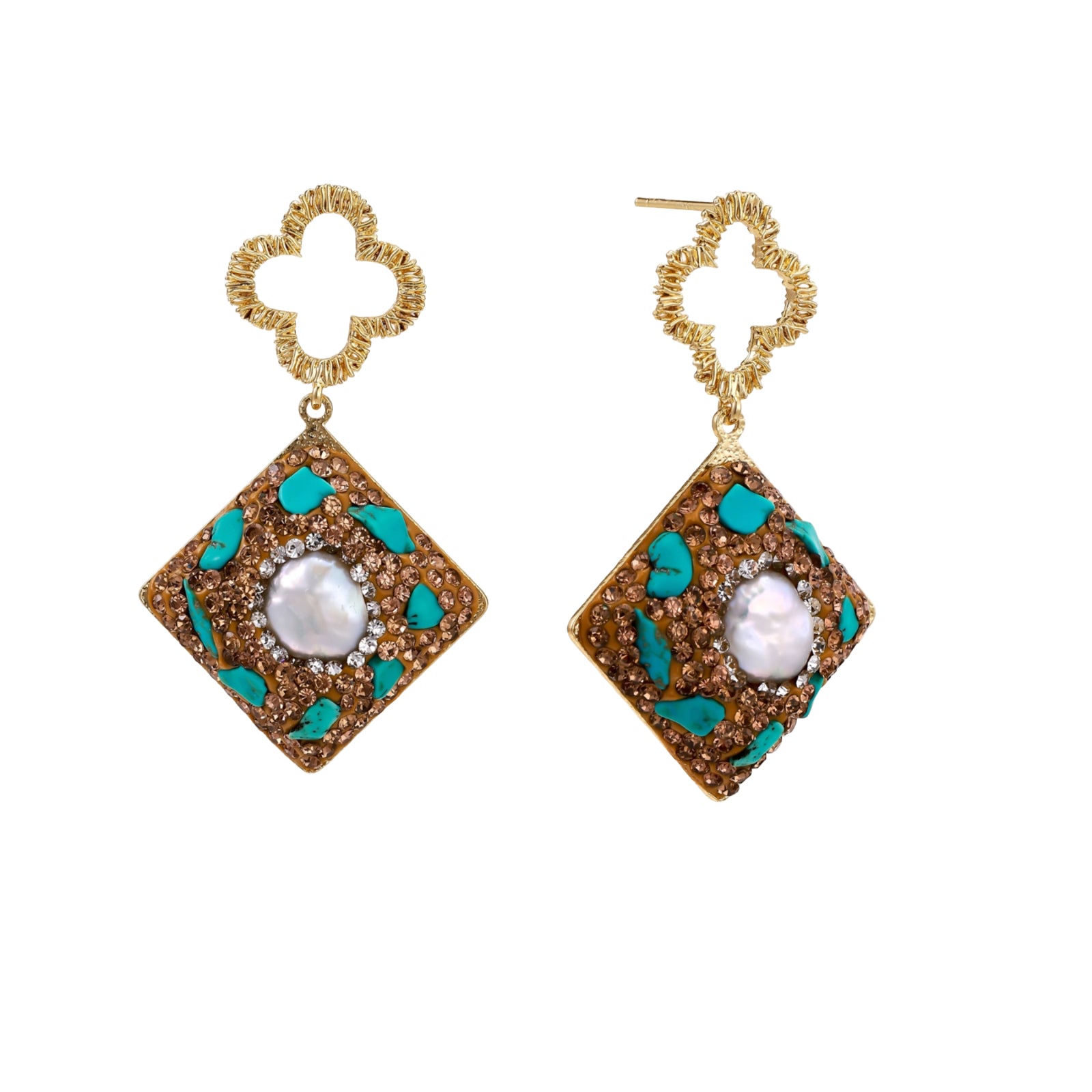 Gold-plated drop earrings with quatrefoil studs, diamond-shaped pendants featuring baroque pearls, turquoise stones, and amber crystals