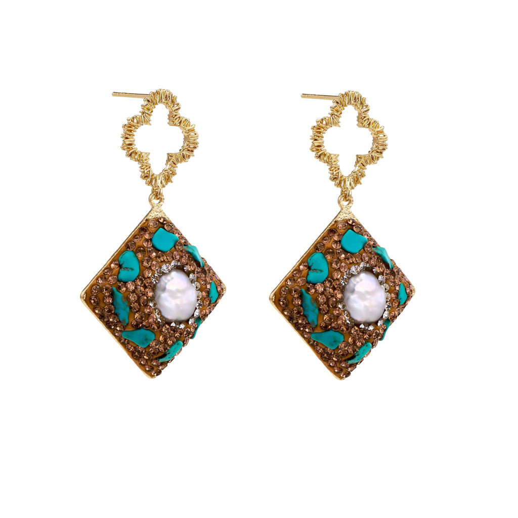 Gold-plated drop earrings with quatrefoil studs, diamond-shaped pendants featuring baroque pearls, turquoise stones, and amber crystals