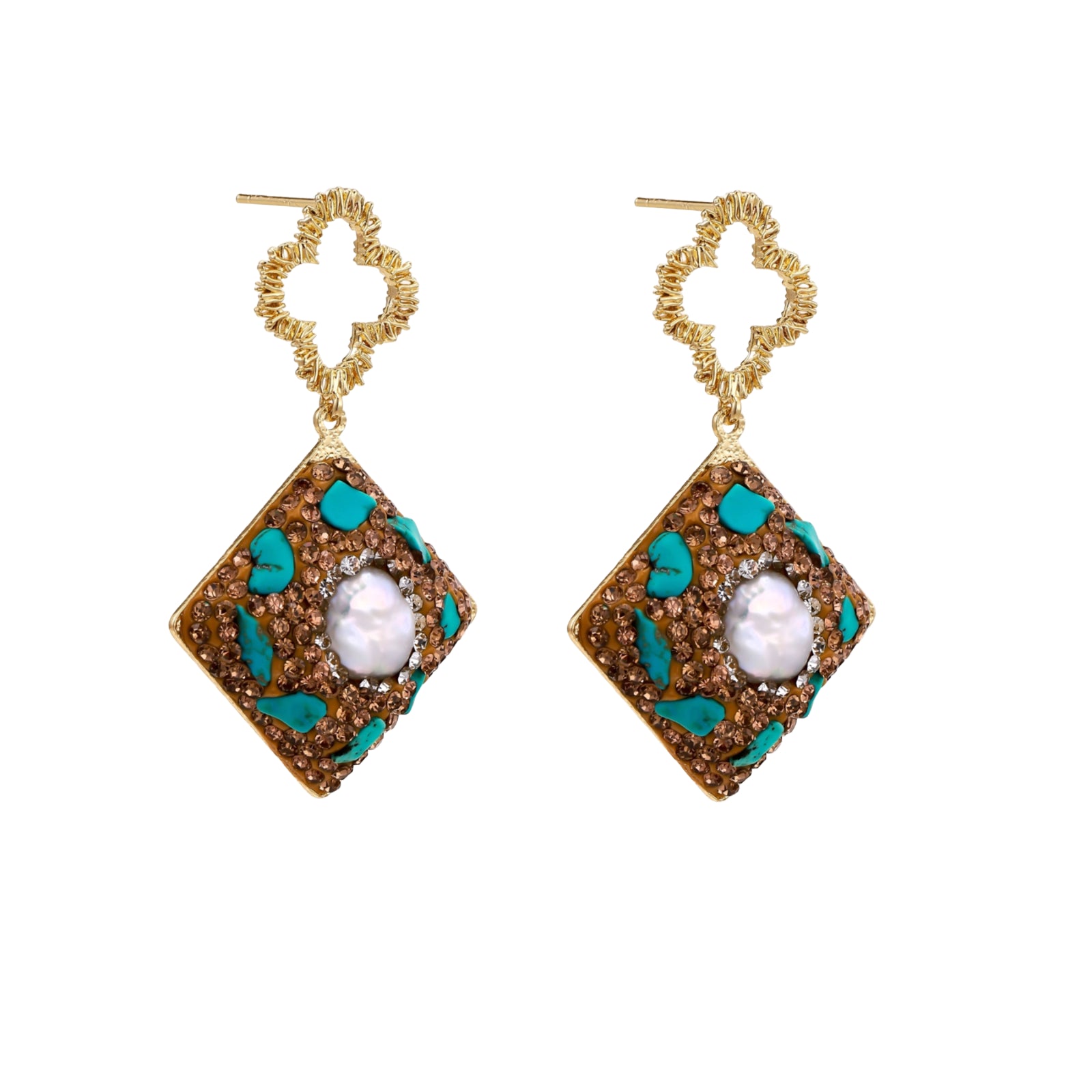 Gold-plated drop earrings with quatrefoil studs, diamond-shaped pendants featuring baroque pearls, turquoise stones, and amber crystals