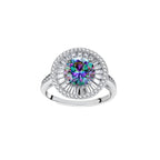 Close-up of sterling silver halo ring with round rainbow moissanite center stone surrounded by baguette-cut stones