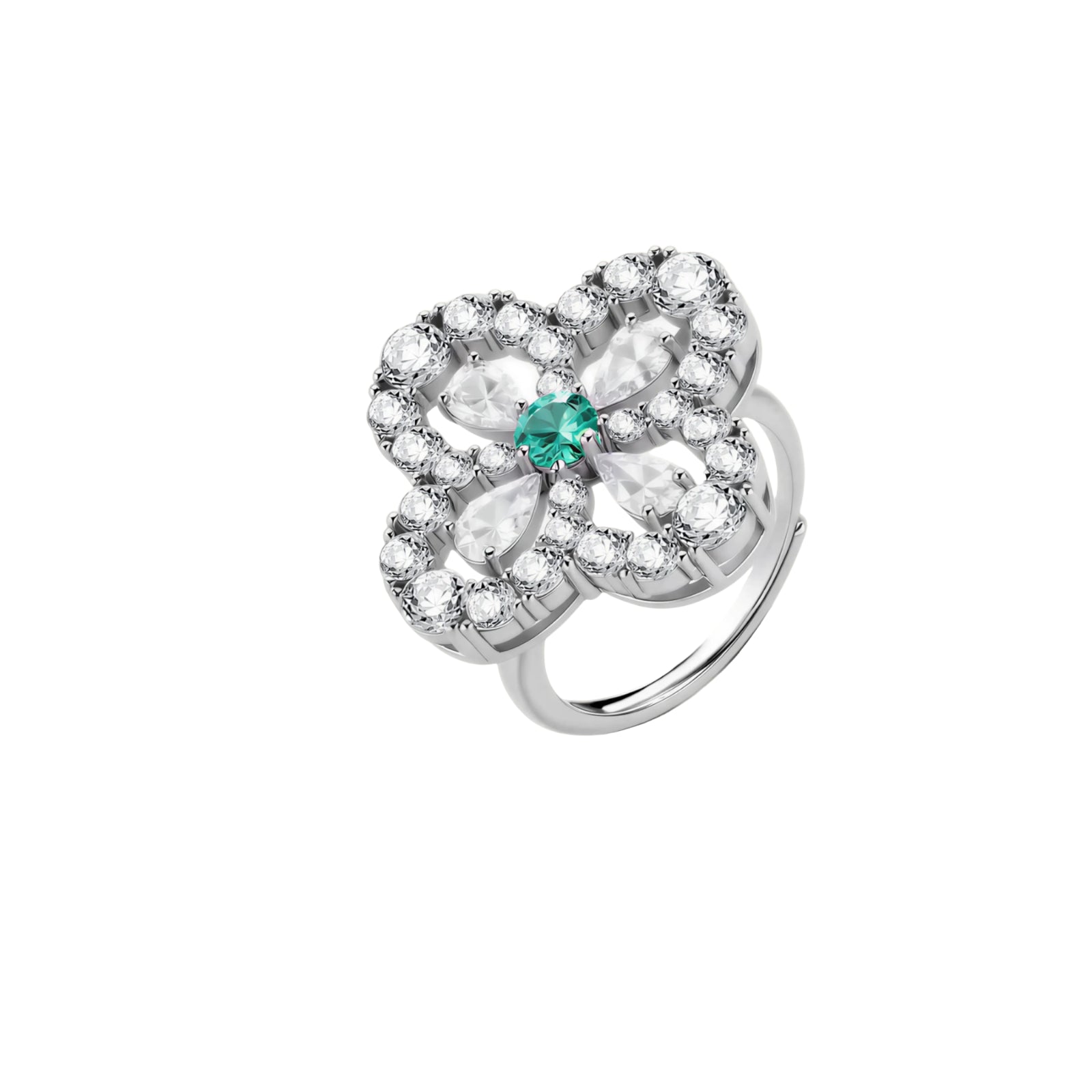 Sterling silver adjustable ring featuring four-leaf clover design with green center moissanite and clear accent stones