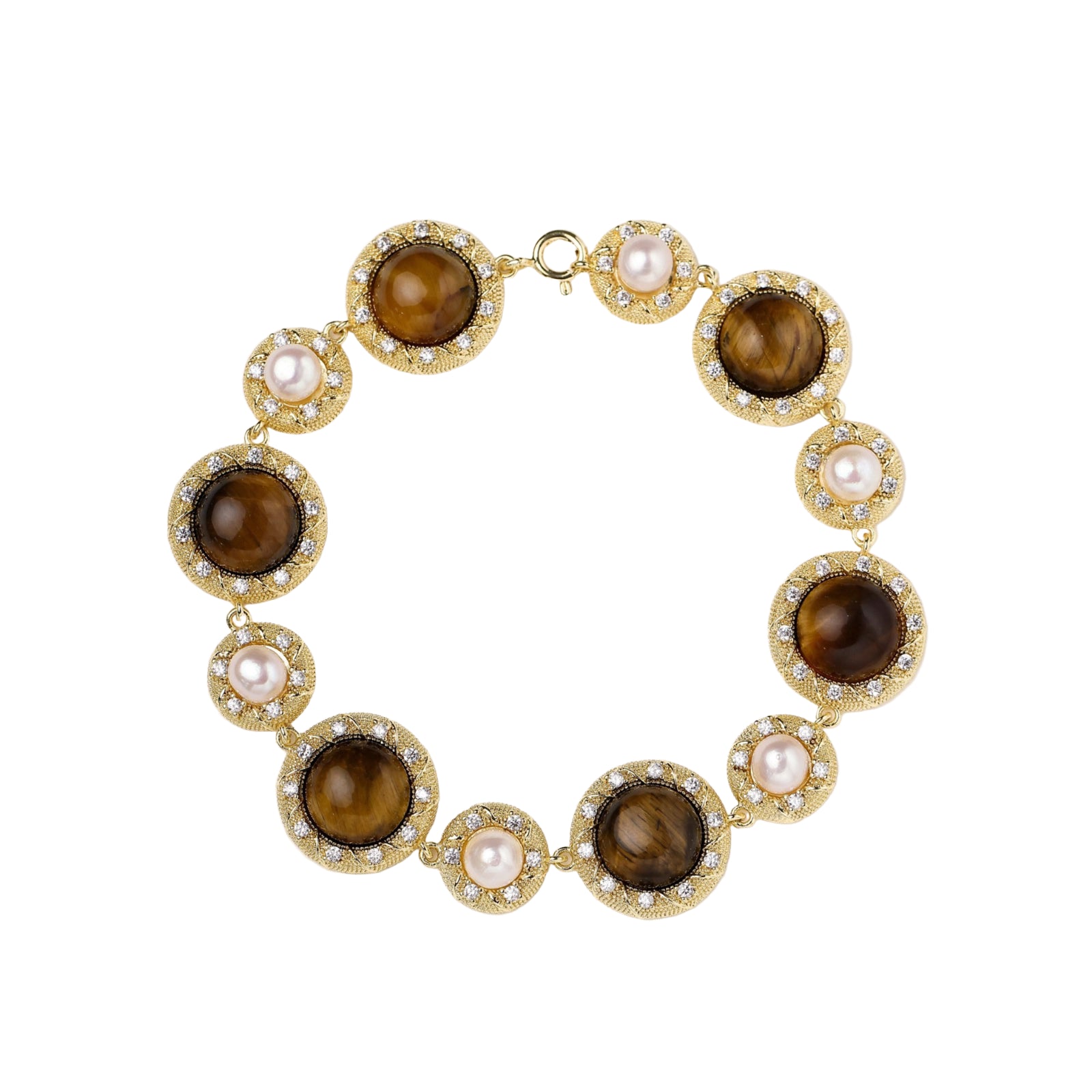 Gold-plated link bracelet with alternating brown tiger's eye stones and white freshwater pearls in ornate bezels.