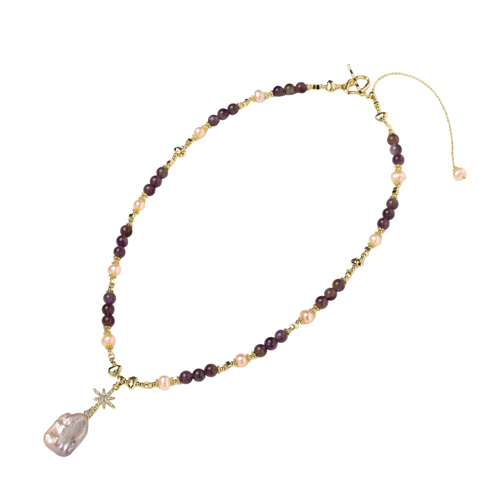 Gold necklace with iridescent baroque pearl pendant, purple amethyst beads, and crystal star charm on cream background