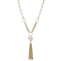 Long gold-plated necklace with freshwater pearls, chunky chain links, and flowing tassel pendant