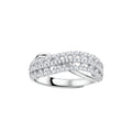 Sterling silver crossover ring with pavé-set moissanite stones creating an elegant infinity design on neutral background