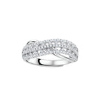Sterling silver crossover ring with pavé-set moissanite stones creating an elegant infinity design on neutral background