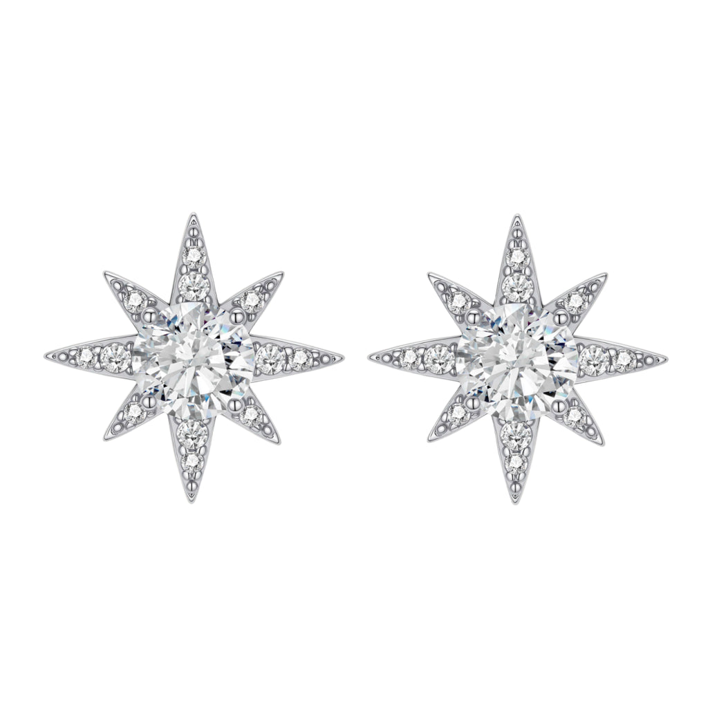 Sterling silver star-shaped stud earrings with brilliant moissanite center stones and pavé details on neutral background.