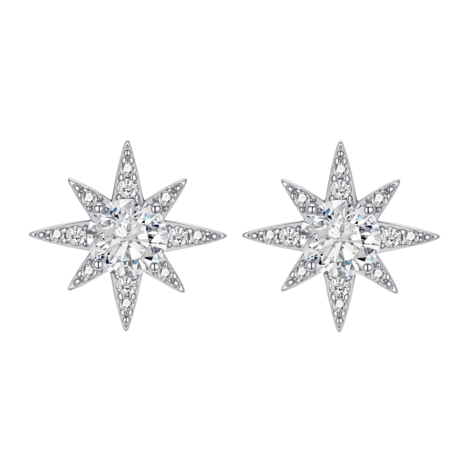Sterling silver star-shaped stud earrings with brilliant moissanite center stones and pavé details on neutral background.