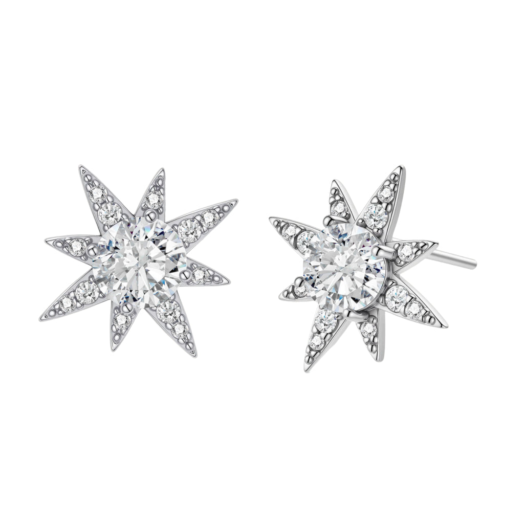 Sterling silver star-shaped stud earrings with brilliant moissanite center stones and pavé details on neutral background.