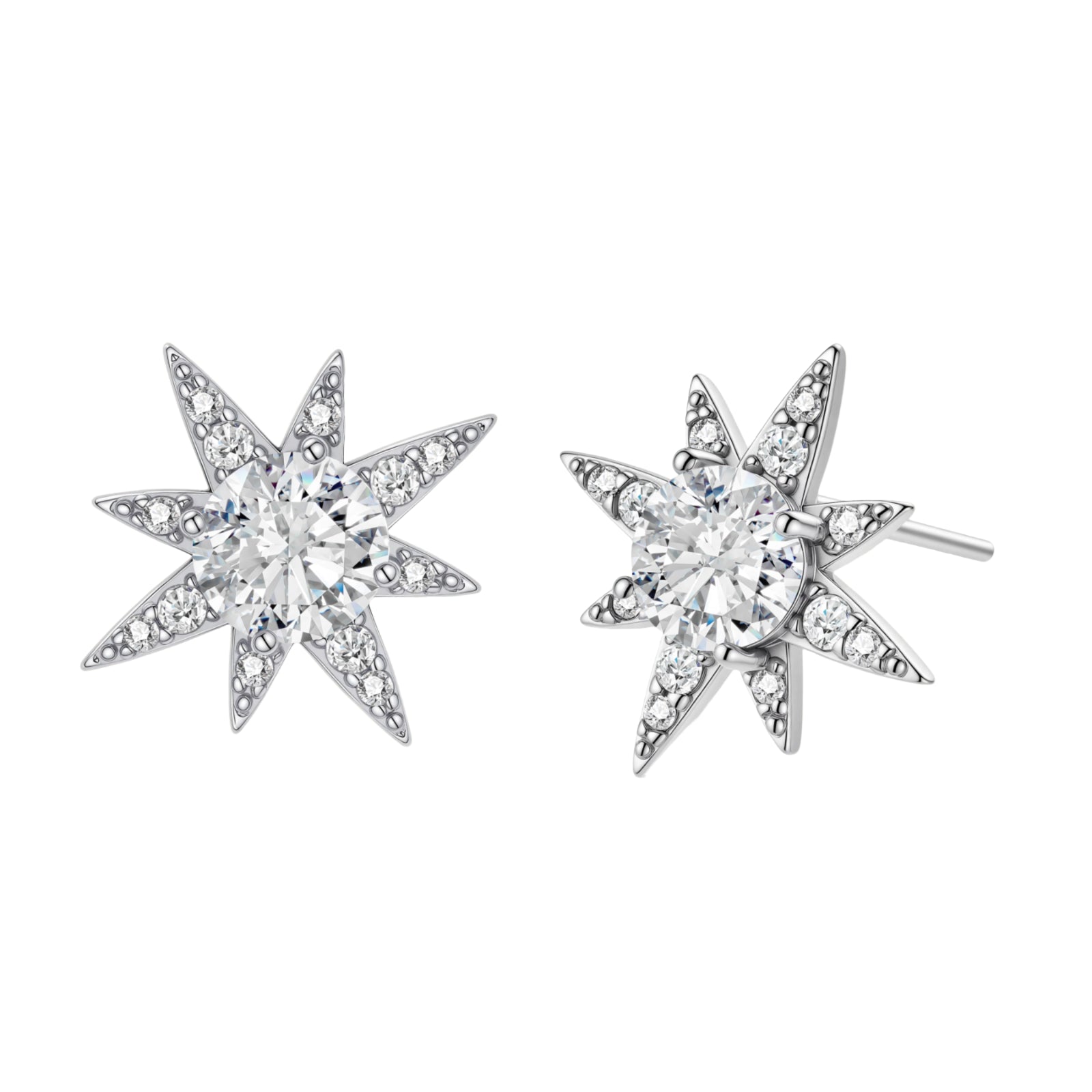 Sterling silver star-shaped stud earrings with brilliant moissanite center stones and pavé details on neutral background.