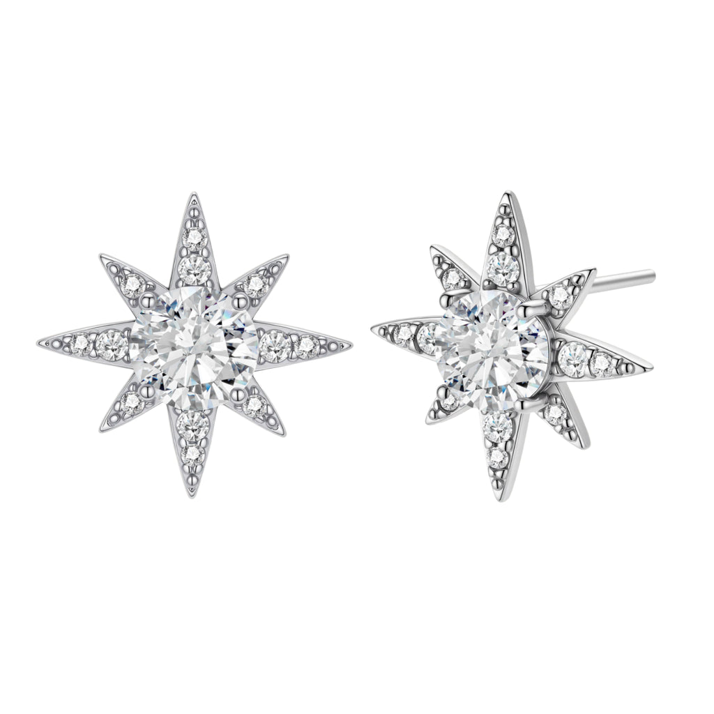 Sterling silver star-shaped stud earrings with brilliant moissanite center stones and pavé details on neutral background.