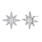 Sterling silver star-shaped stud earrings with brilliant moissanite center stones and pavé details on neutral background.