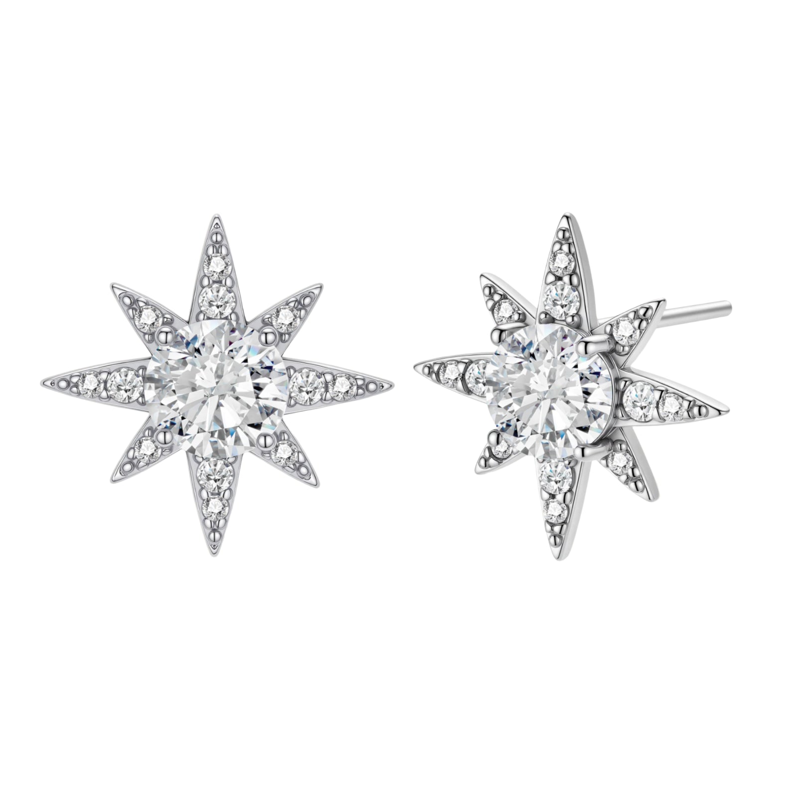 Sterling silver star-shaped stud earrings with brilliant moissanite center stones and pavé details on neutral background.