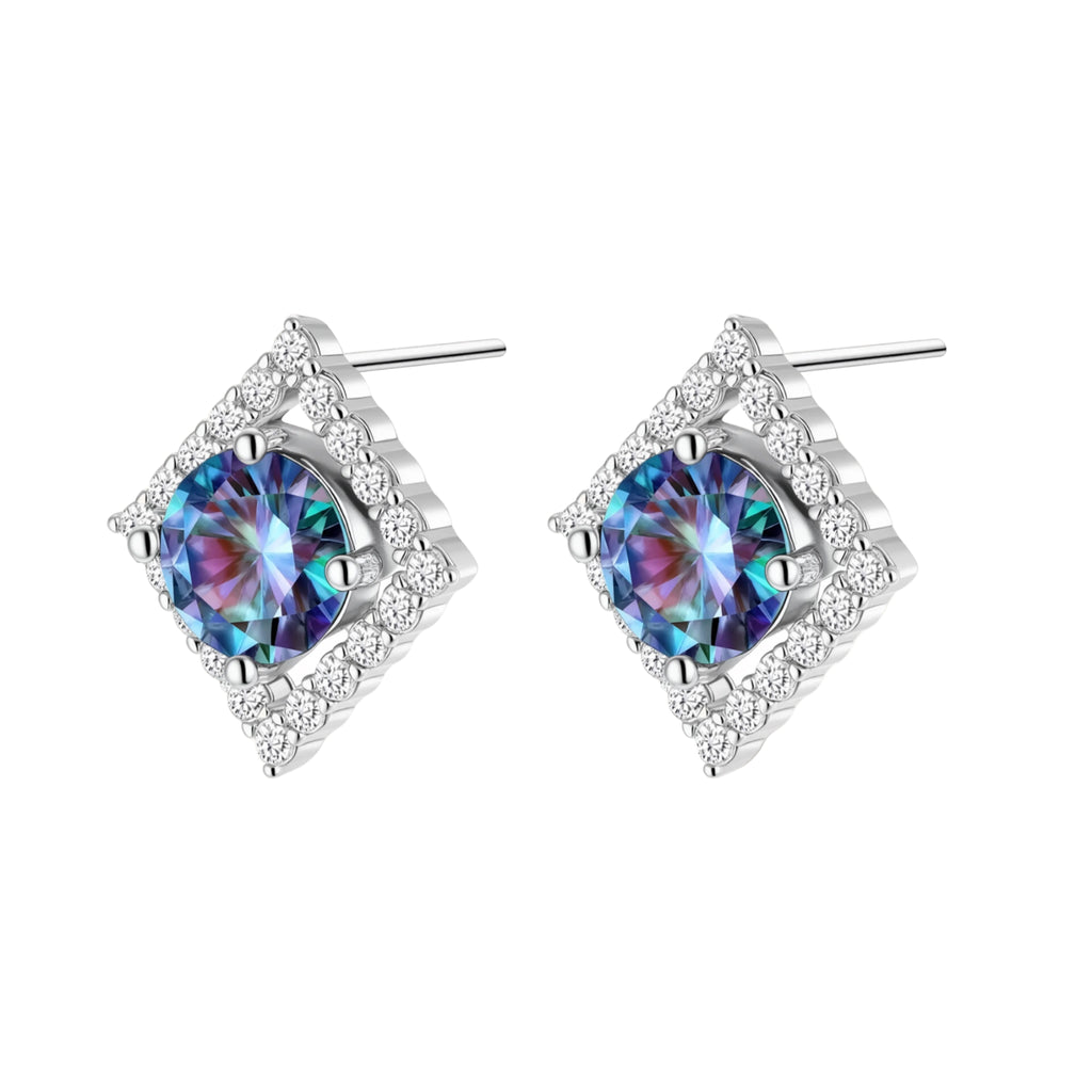 Diamond-shaped sterling silver stud earrings with rainbow moissanite centers surrounded by crystal halos