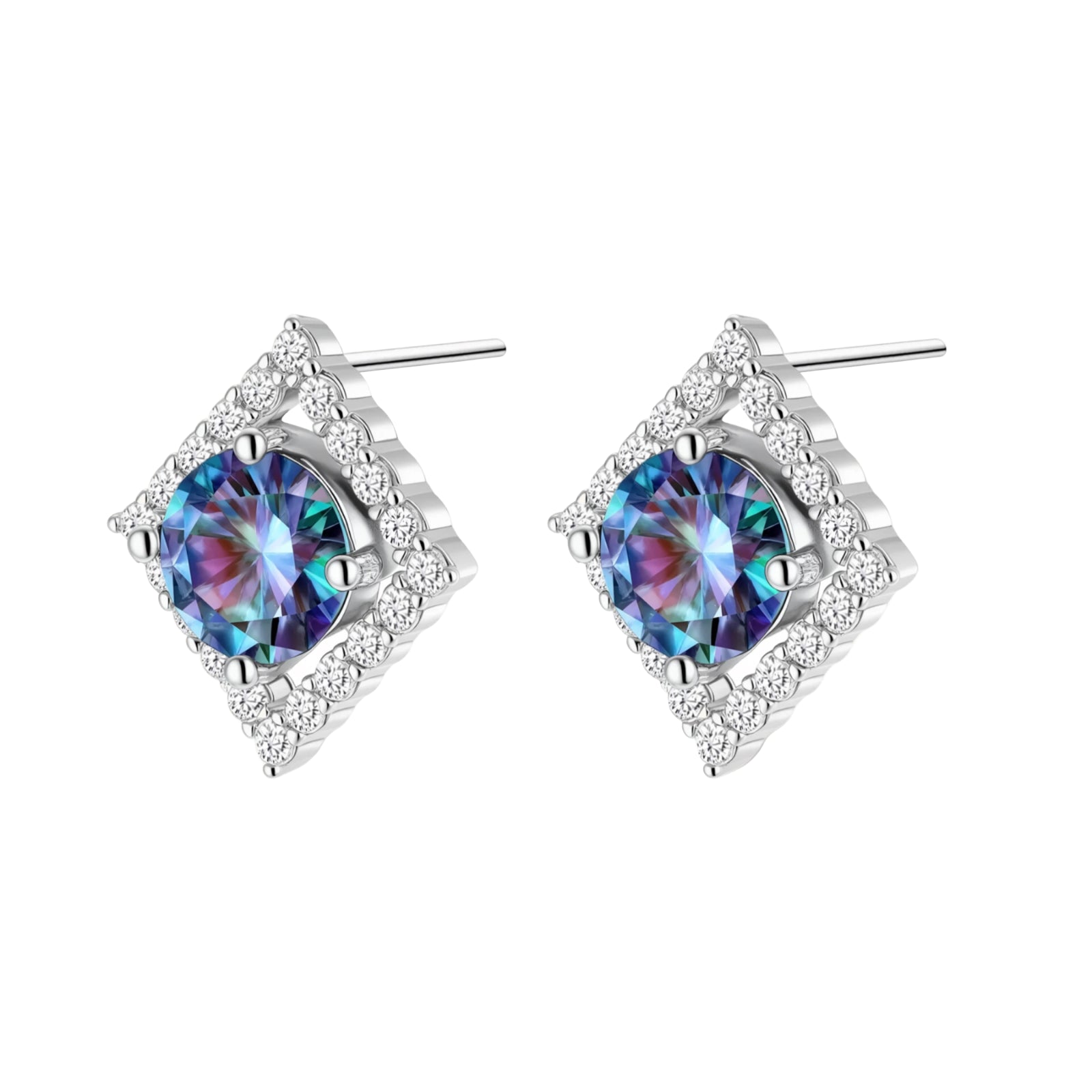 Diamond-shaped sterling silver stud earrings with rainbow moissanite centers surrounded by crystal halos