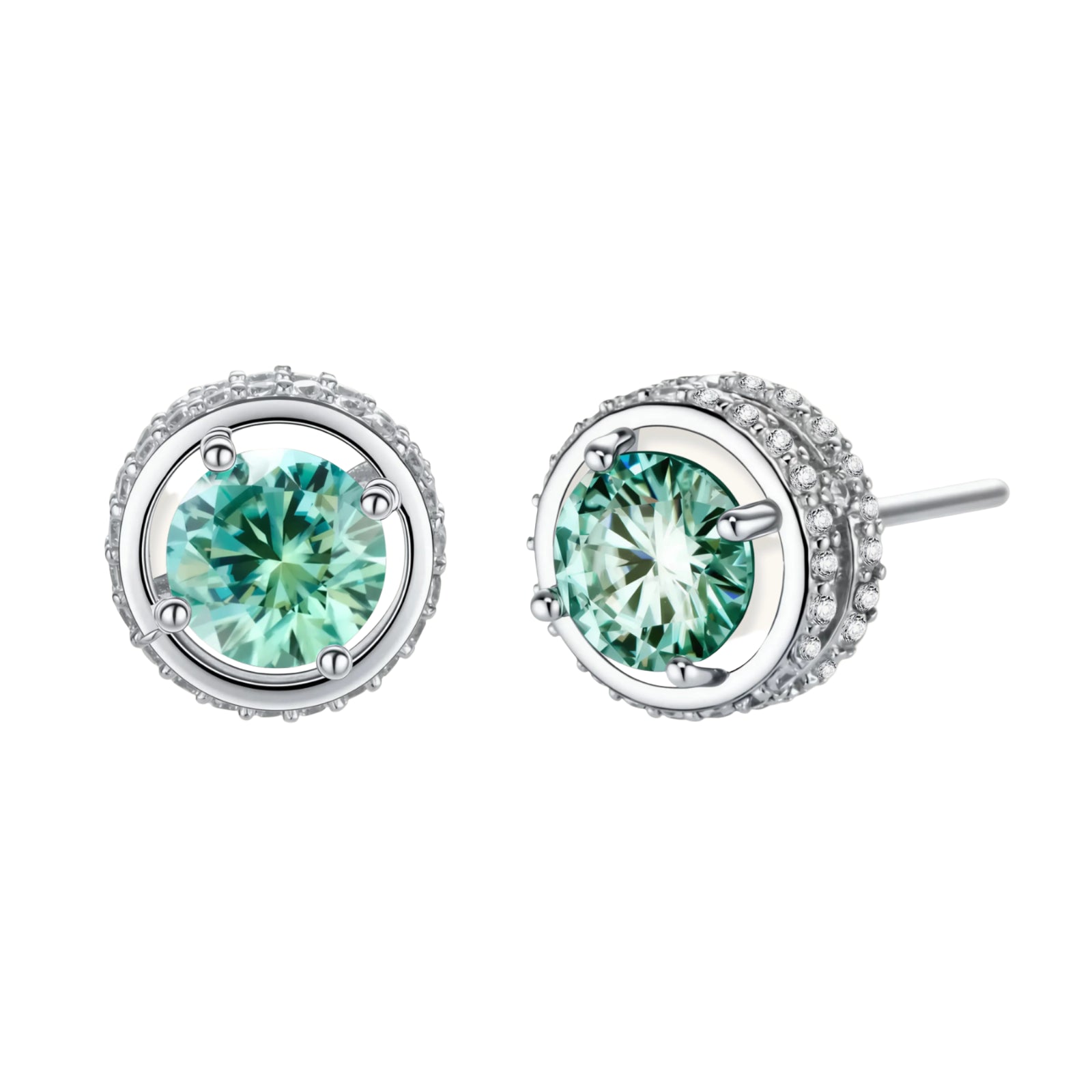 Round green moissanite stud earrings in sterling silver halo settings with brilliant sparkle on white background.