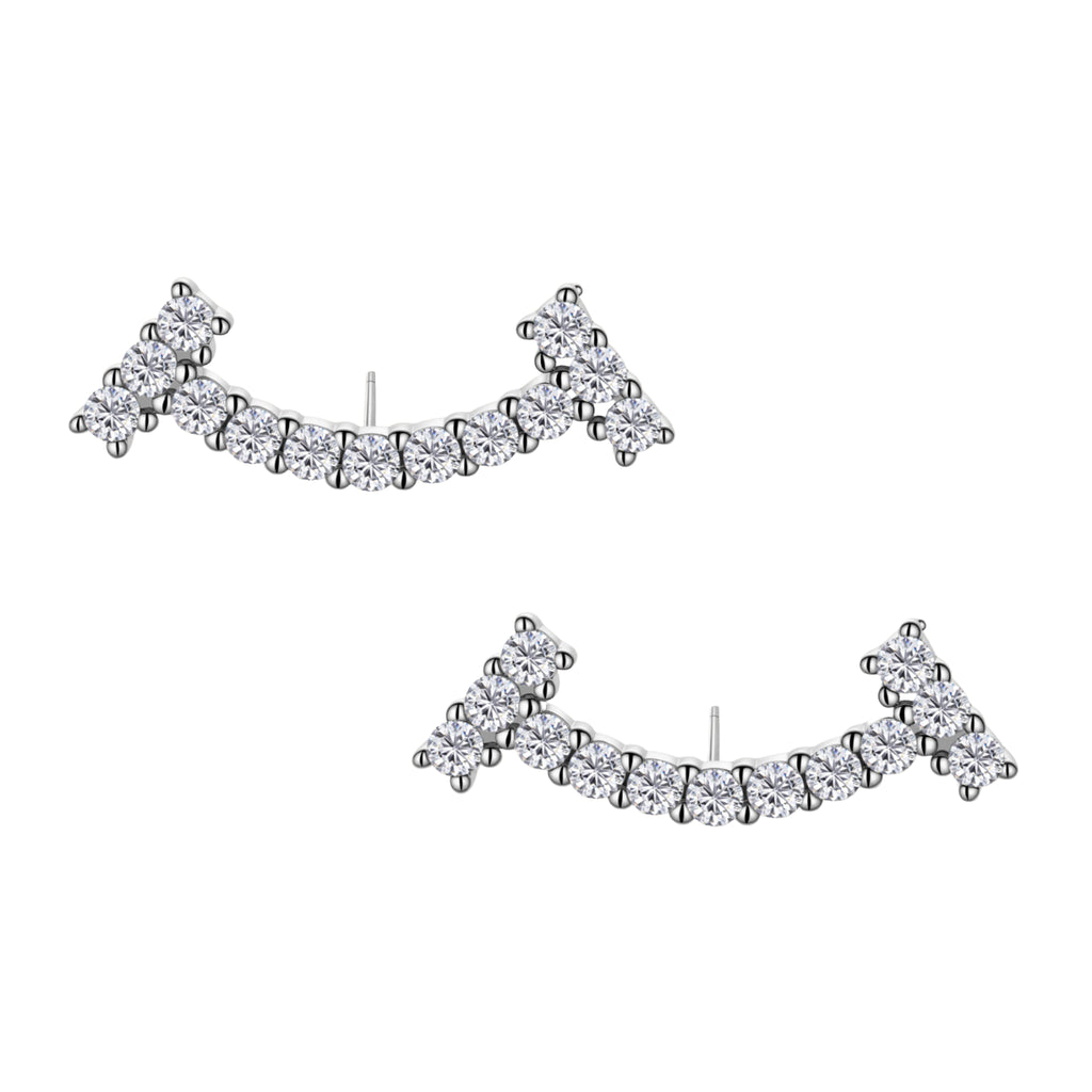 Curved sterling silver ear climbers with moissanite stones arranged in elegant arc shape on white background