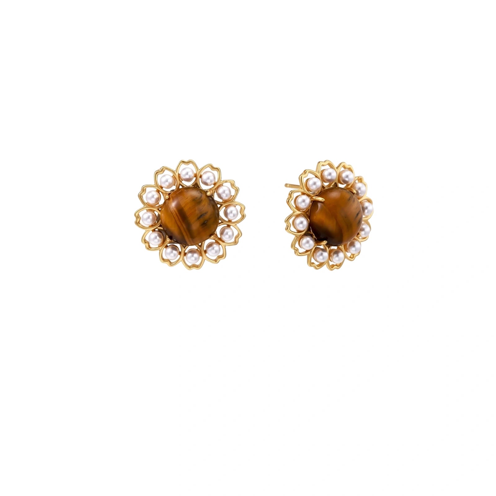 Gold-plated stud earrings with cushion-cut tiger's eye stones surrounded by pearl halos on white background.