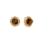 Gold-plated stud earrings with ornate floral frames surrounding cabochon tiger's eye stones and zirconia accents