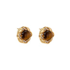 Gold-plated stud earrings with ornate floral frames surrounding cabochon tiger's eye stones and zirconia accents
