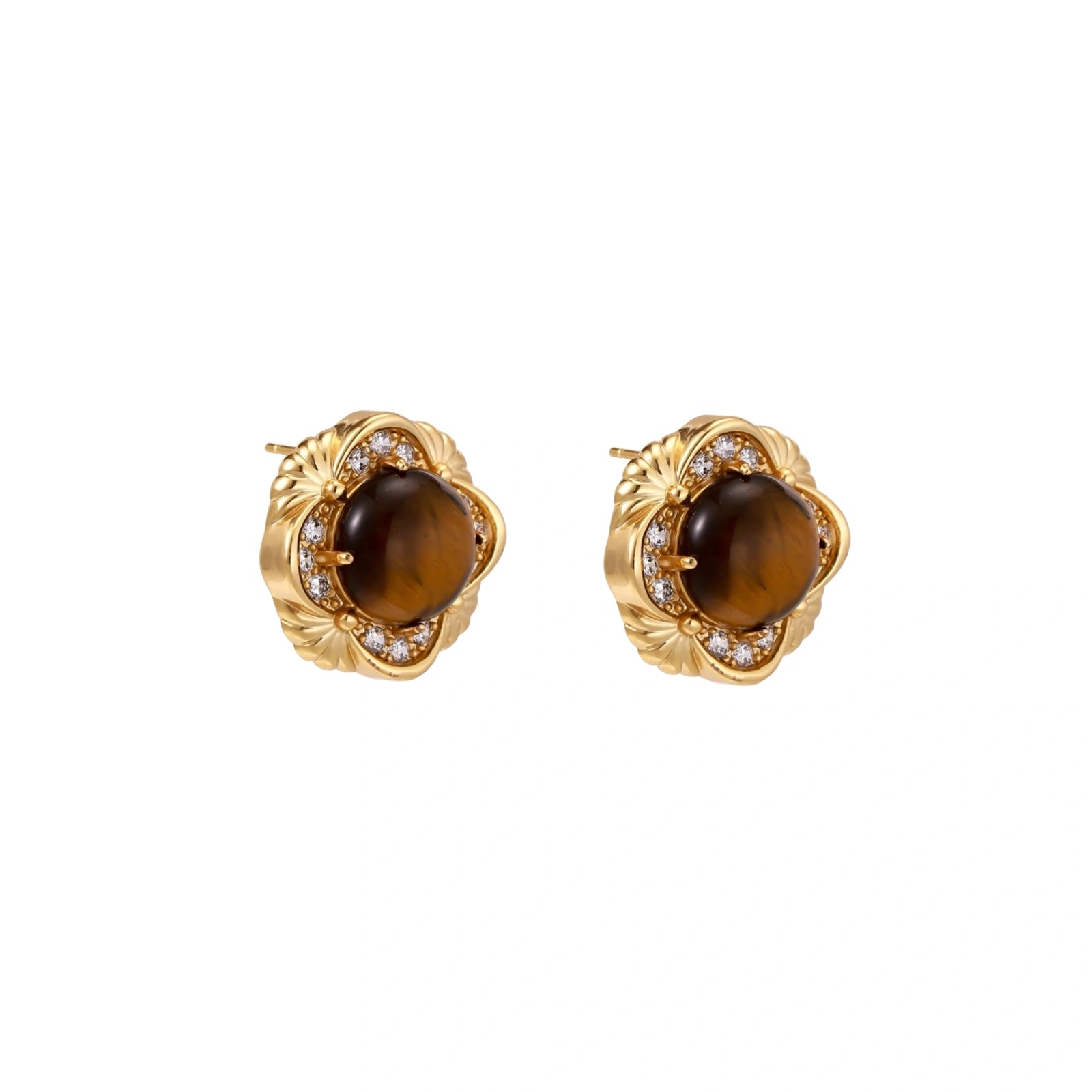 Gold-plated stud earrings with ornate floral frames surrounding cabochon tiger's eye stones and zirconia accents