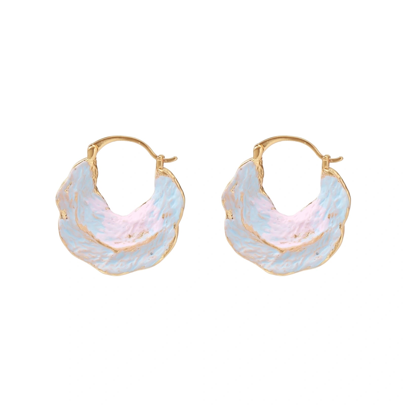 Shell-shaped hoop earrings with iridescent blue-pink enamel and gold trim on cream background