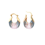 Gold hoop earrings with gradient blue-to-pink enamel in ribbed fan design on beige background
