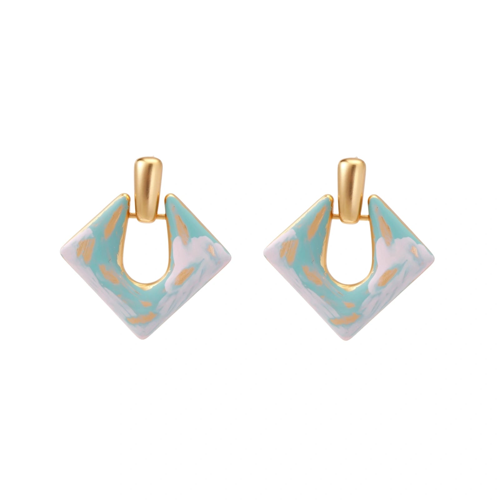 Geometric square enamel earrings with marbled turquoise and lavender pattern, gold U-shaped connector on cream background.
