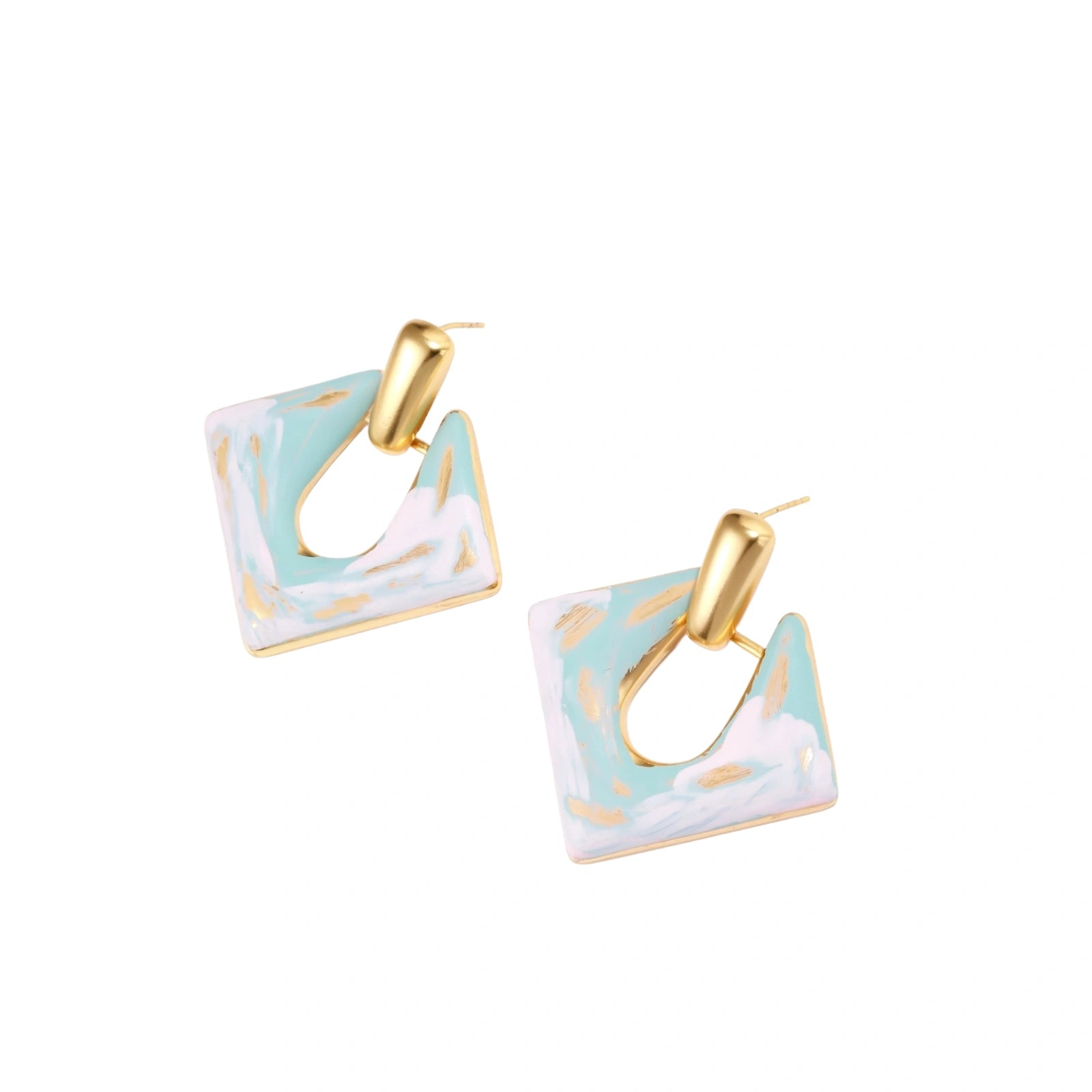 Geometric square enamel earrings with marbled turquoise and lavender pattern, gold U-shaped connector on cream background.