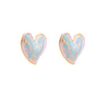 Heart-shaped stud earrings with swirled turquoise and pink enamel in gold-plated frames on cream background