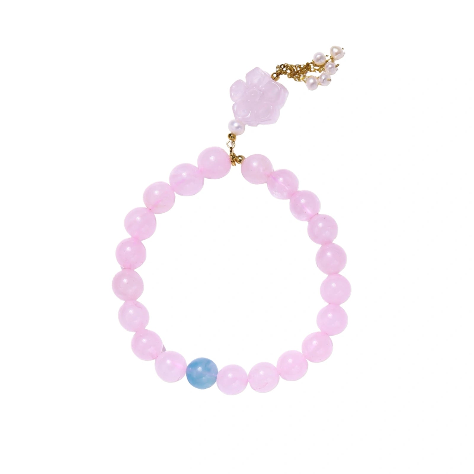 Stretchy beaded bracelet with pink rose quartz, blue aquamarine, carved floral pendant, and pearl tassel clasp.