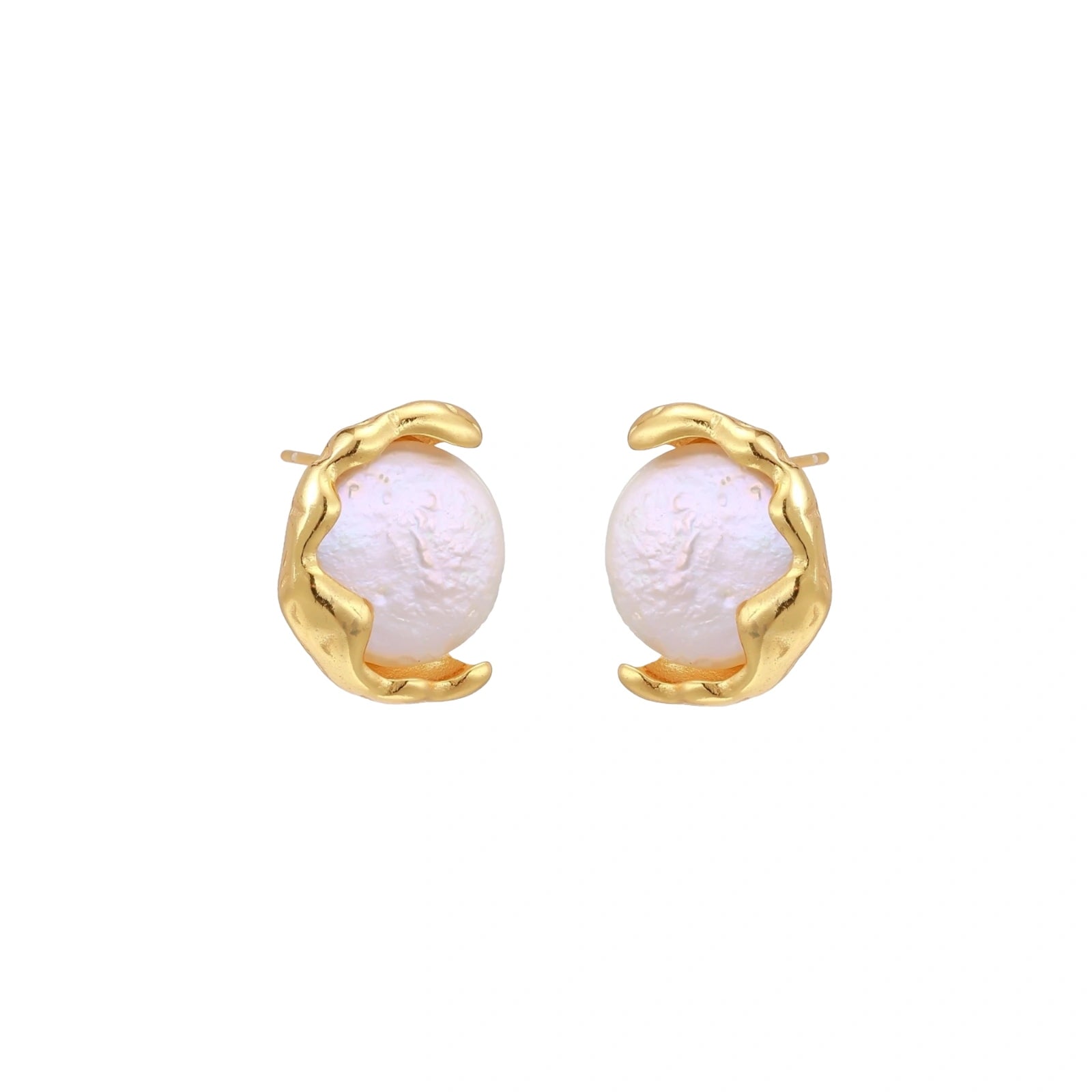 Gold vermeil studs with lustrous pink freshwater pearls in organic crescent settings