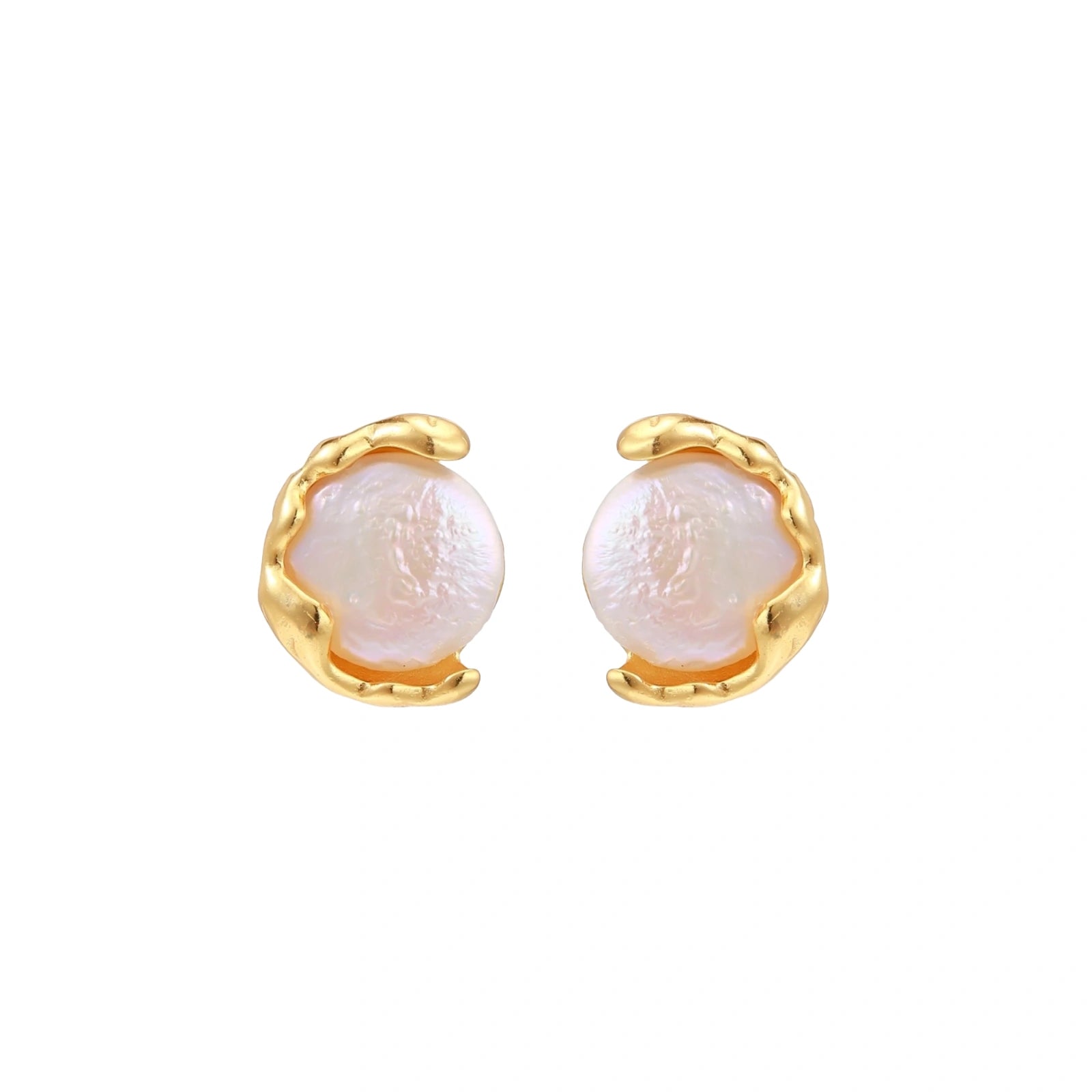 Gold vermeil studs with lustrous pink freshwater pearls in organic crescent settings