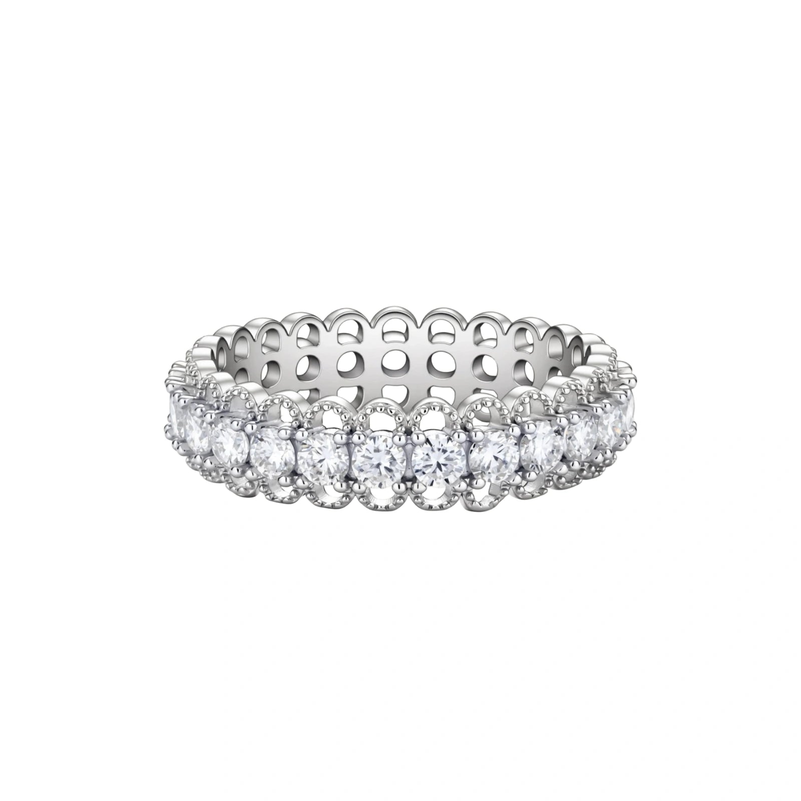 Sterling silver eternity ring with continuous row of brilliant moissanite stones in scalloped crown setting with milgrain detail
