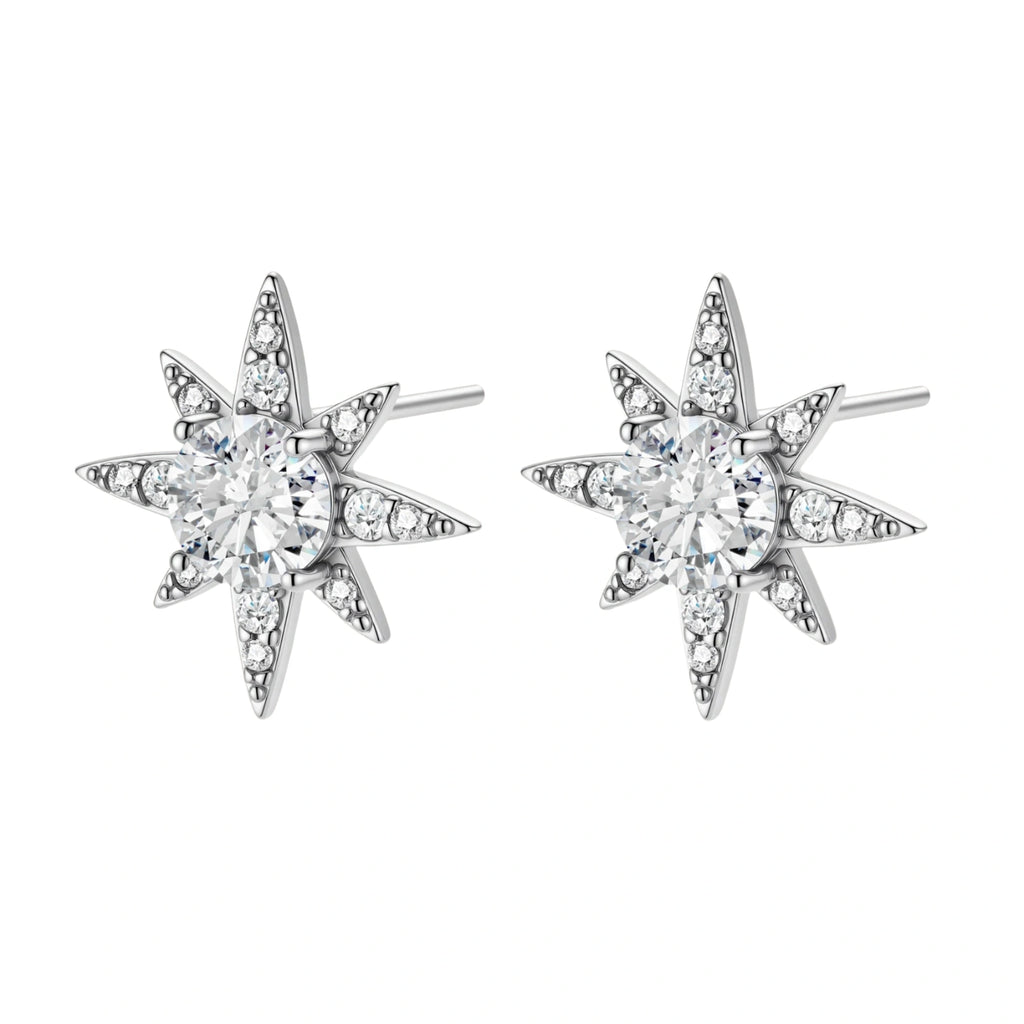 Sterling silver star-shaped stud earrings with brilliant moissanite center stones and pavé details on neutral background.