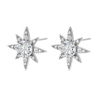 Sterling silver star-shaped stud earrings with brilliant moissanite center stones and pavé details on neutral background.