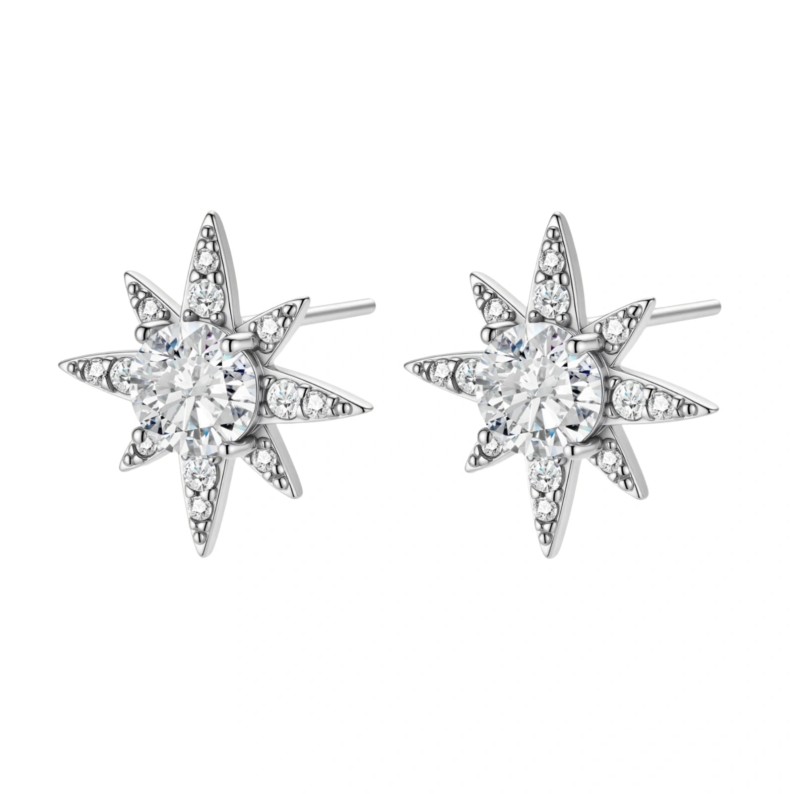 Sterling silver star-shaped stud earrings with brilliant moissanite center stones and pavé details on neutral background.